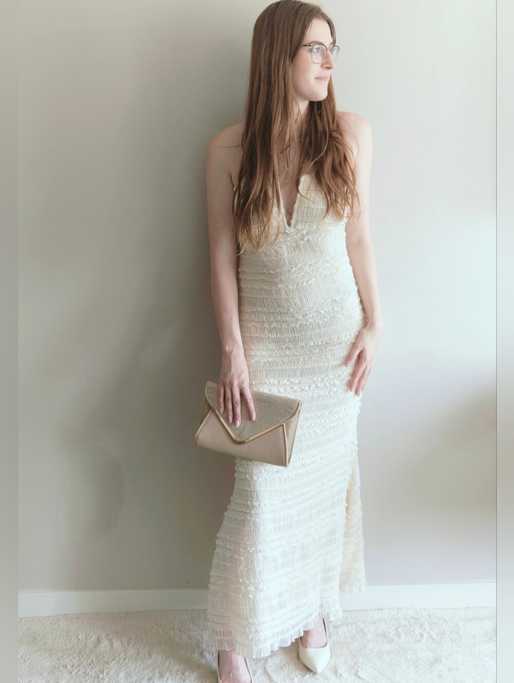 NWT Fashion Nova Serena Cream Textured Ruffle Halter Maxi Dress | Size S | Bride